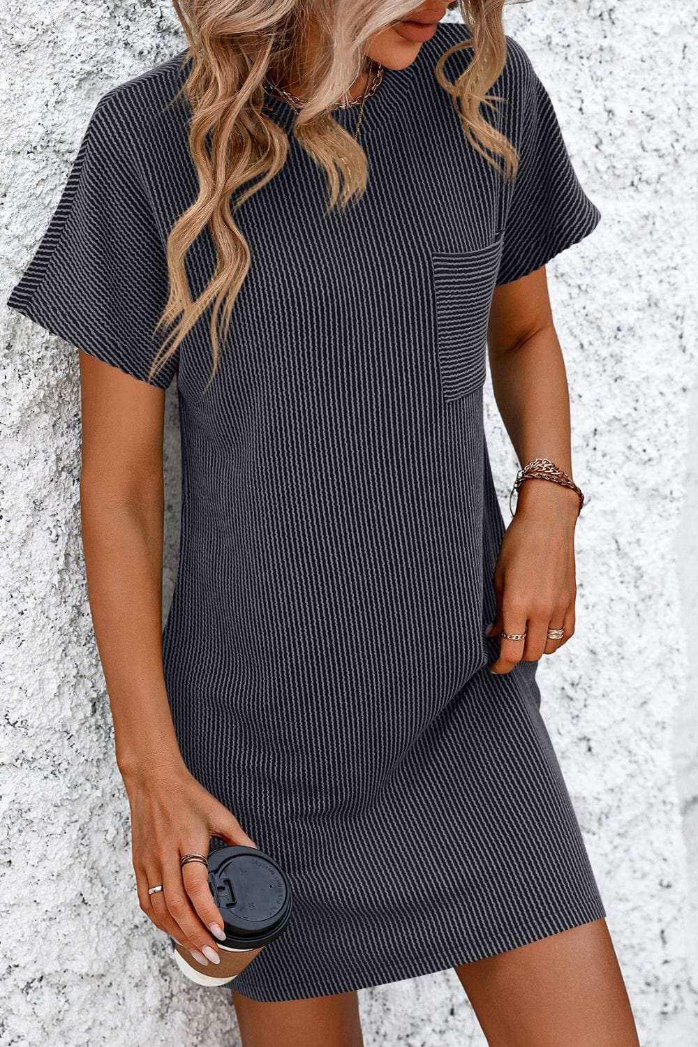 Ribbed Striped Short Sleeve Mini Tee Dress - Trendsi - Flyclothing LLC