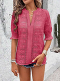 Eyelet Notched Flounce Sleeve Blouse - Trendsi - Flyclothing LLC