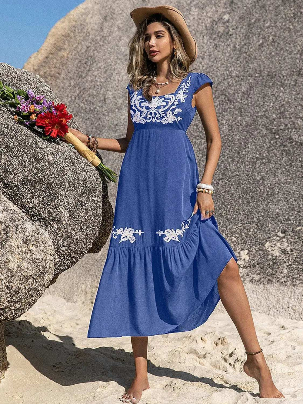 Embroidered Square Neck Cap Sleeve Dress - Trendsi - Flyclothing LLC