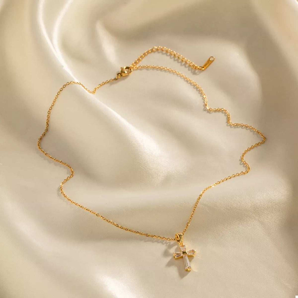 18K Gold-Plated Stainless Steel Zircon Cross Necklace - Trendsi - Flyclothing LLC