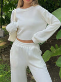 Waffle-Knit Round Neck Top and Pants Set - Trendsi - Flyclothing LLC