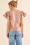 And The Why Faux Leather Ruffle Sleeves V Neck Top - Trendsi - Flyclothing LLC