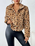 Fuzzy Turtleneck Leopard Zip Up Jacket - Trendsi - Flyclothing LLC