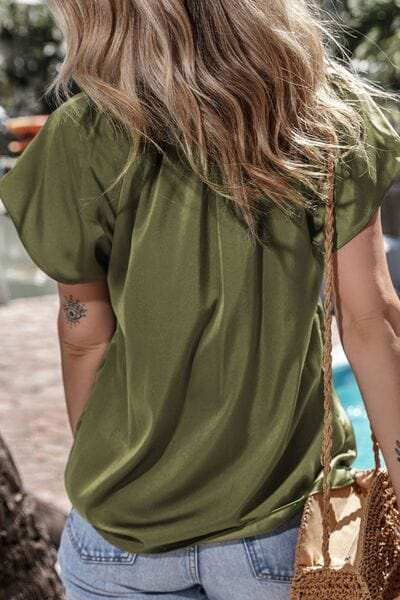 Pleated Flutter Sleeve Satin Top - Trendsi - Flyclothing LLC