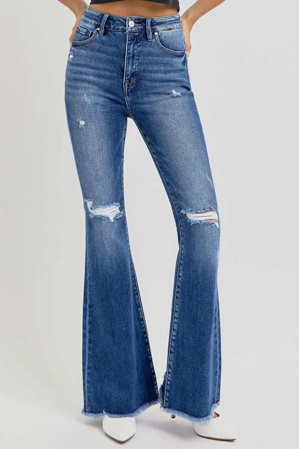 RISEN Full Size High Rise Distressed Raw Hem Flare Jeans - Trendsi - Flyclothing LLC