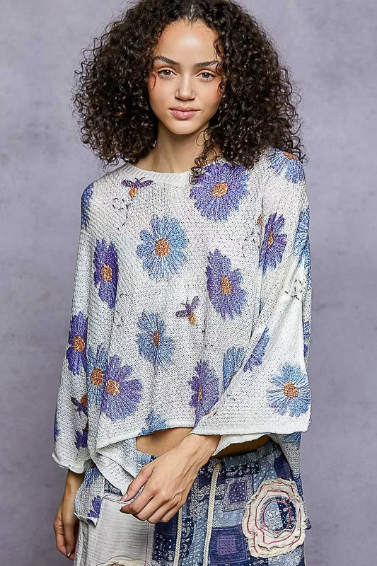POL Floral Round Neck Rolling Edge Sweater - Trendsi - Flyclothing LLC