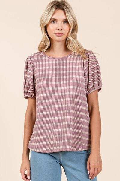 Mittoshop Contrast Striped Short Puff Sleeve Knit Top - Trendsi - Flyclothing LLC