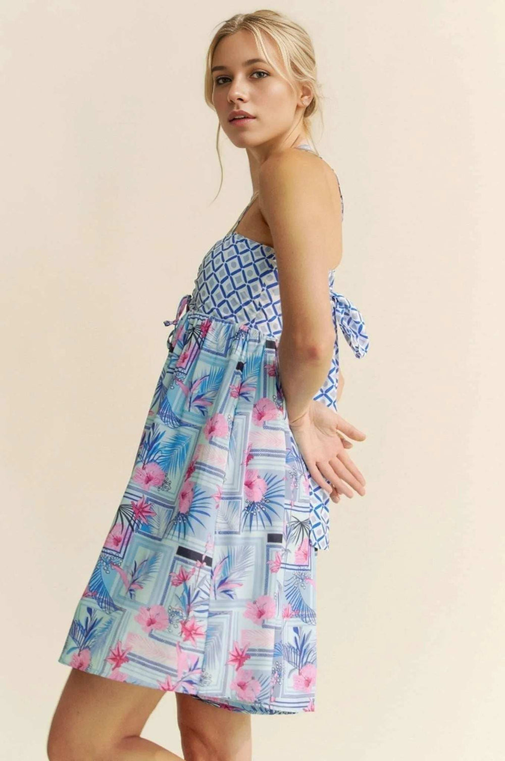 Davi & Dani Tropical Floral Geo Print Tie Back Tube Top Romper - Trendsi - Flyclothing LLC