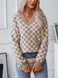 Checkered V-Neck Dropped Shoulder Sweater - Trendsi - Flyclothing LLC