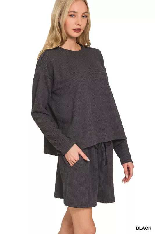 Zenana Corded Rib Long Sleeve Tee and Shorts Set - Trendsi - Flyclothing LLC