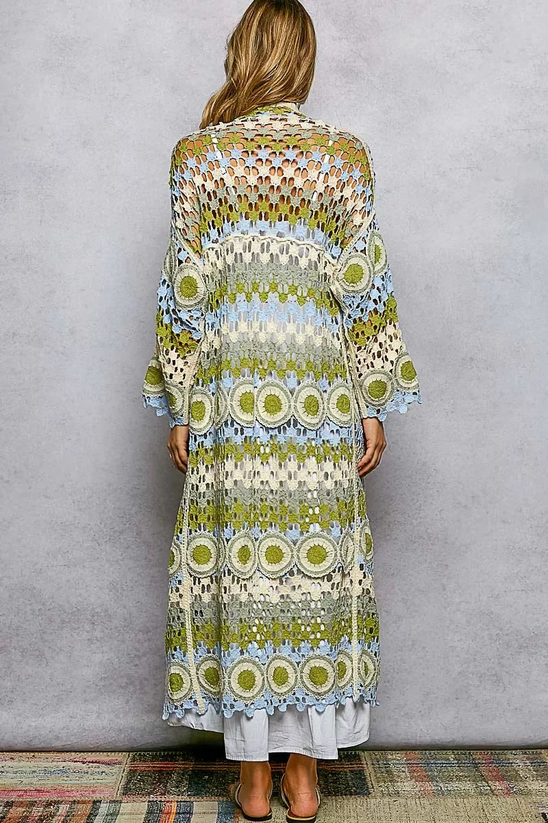 POL Scalloped Edge Open Front Crochet Cardigan with Colorful Stripe Pattern - Trendsi - Flyclothing LLC