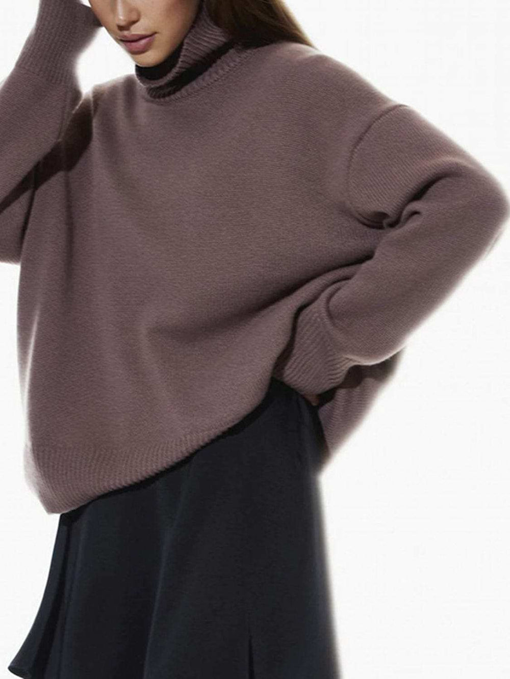 Ribbed Detail Turtleneck Dropped Shoulder Sweater - Trendsi - Flyclothing LLC