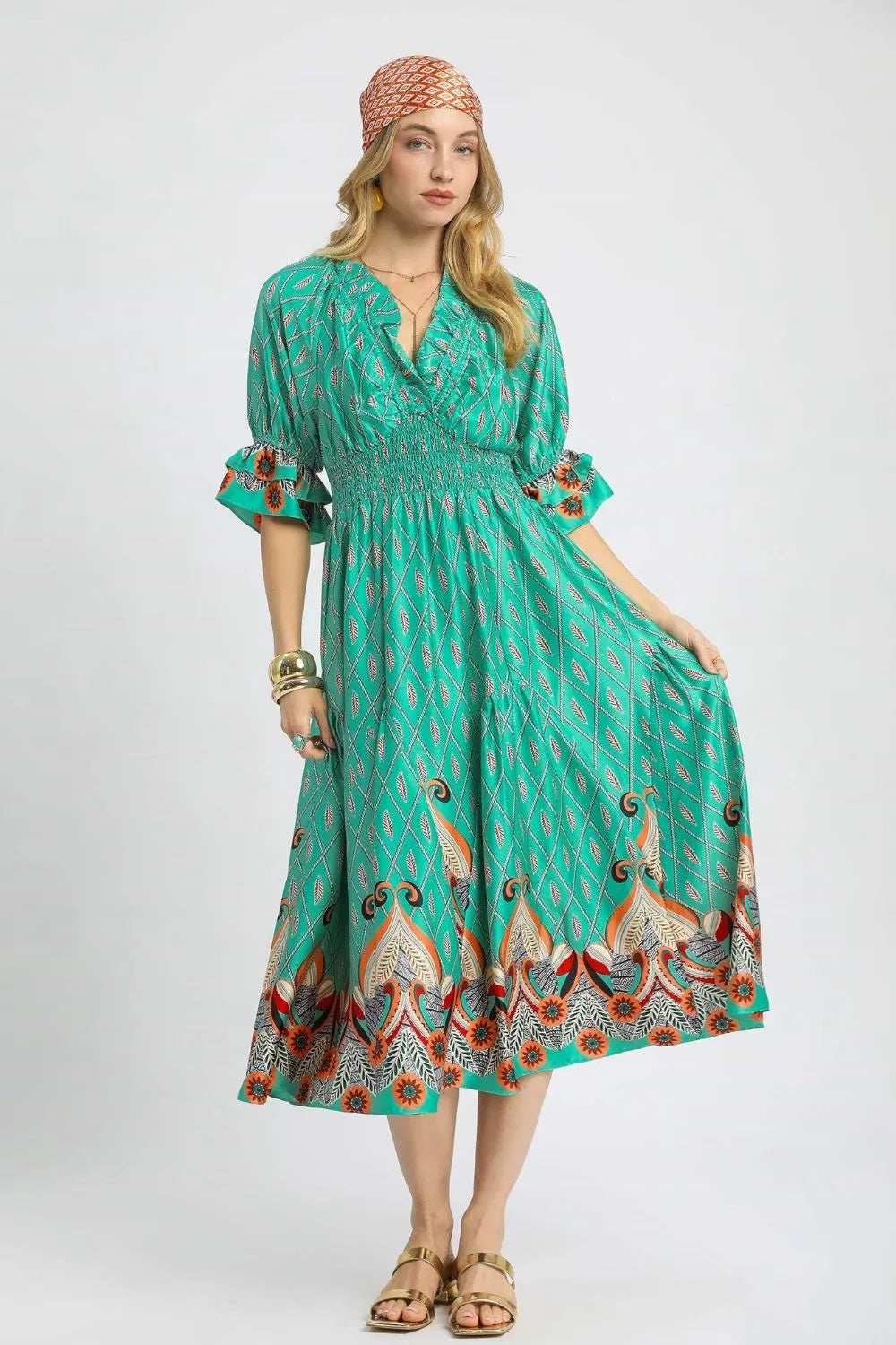 Umgee Printed Smocked Waist Flounce Sleeve Midi Dress - Trendsi - Flyclothing LLC