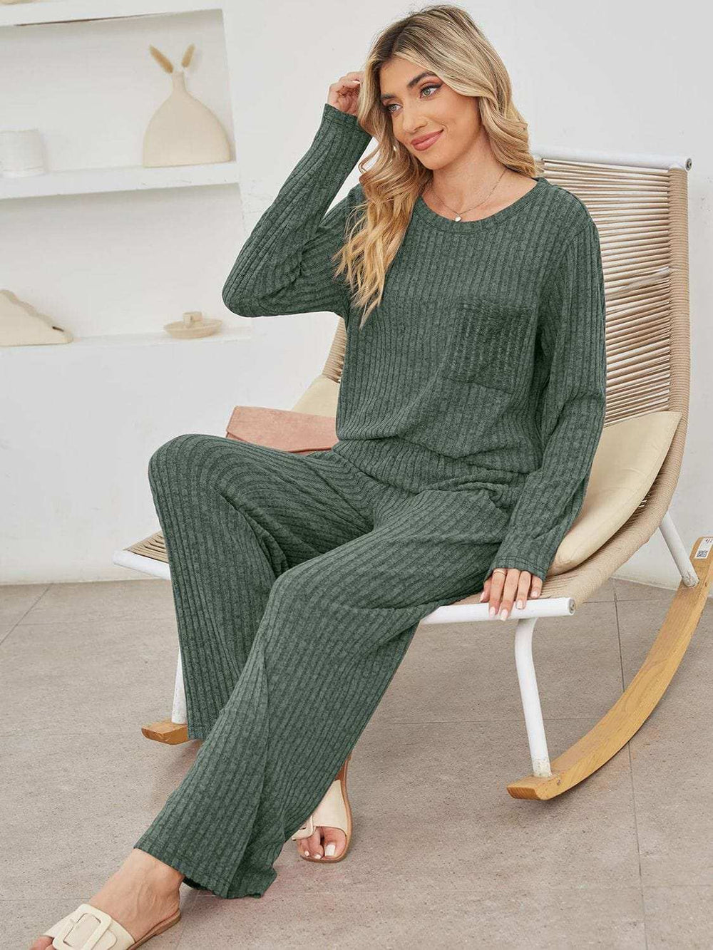 Round Neck Long Sleeve Top and Pants Set - Trendsi - Flyclothing LLC