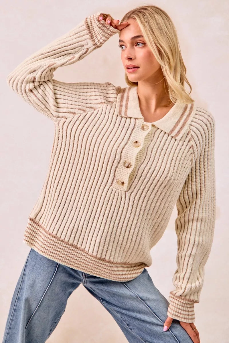 BiBi Half Button Ribbed Two Tone Sweater - Trendsi - Flyclothing LLC