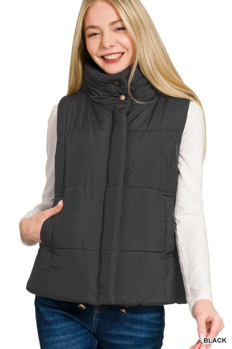 Zenana High Neck Zip-Up Vest Coat - Trendsi - Flyclothing LLC