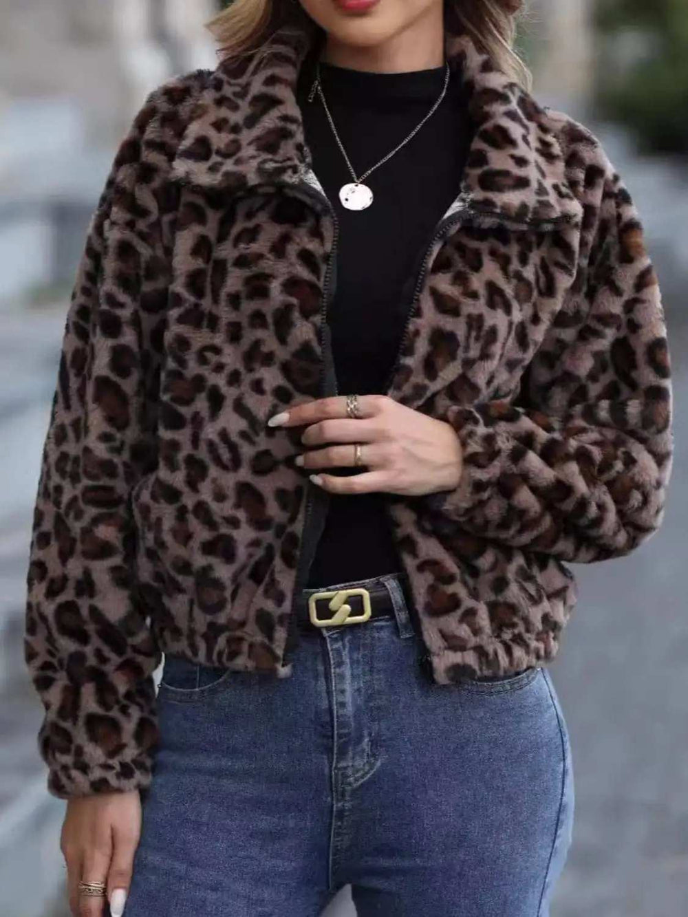 Leopard Collared Neck Zip Up Jacket - Trendsi - Flyclothing LLC