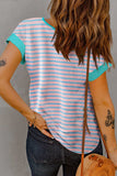 Striped Notched Short Sleeve T-Shirt - Trendsi - Flyclothing LLC