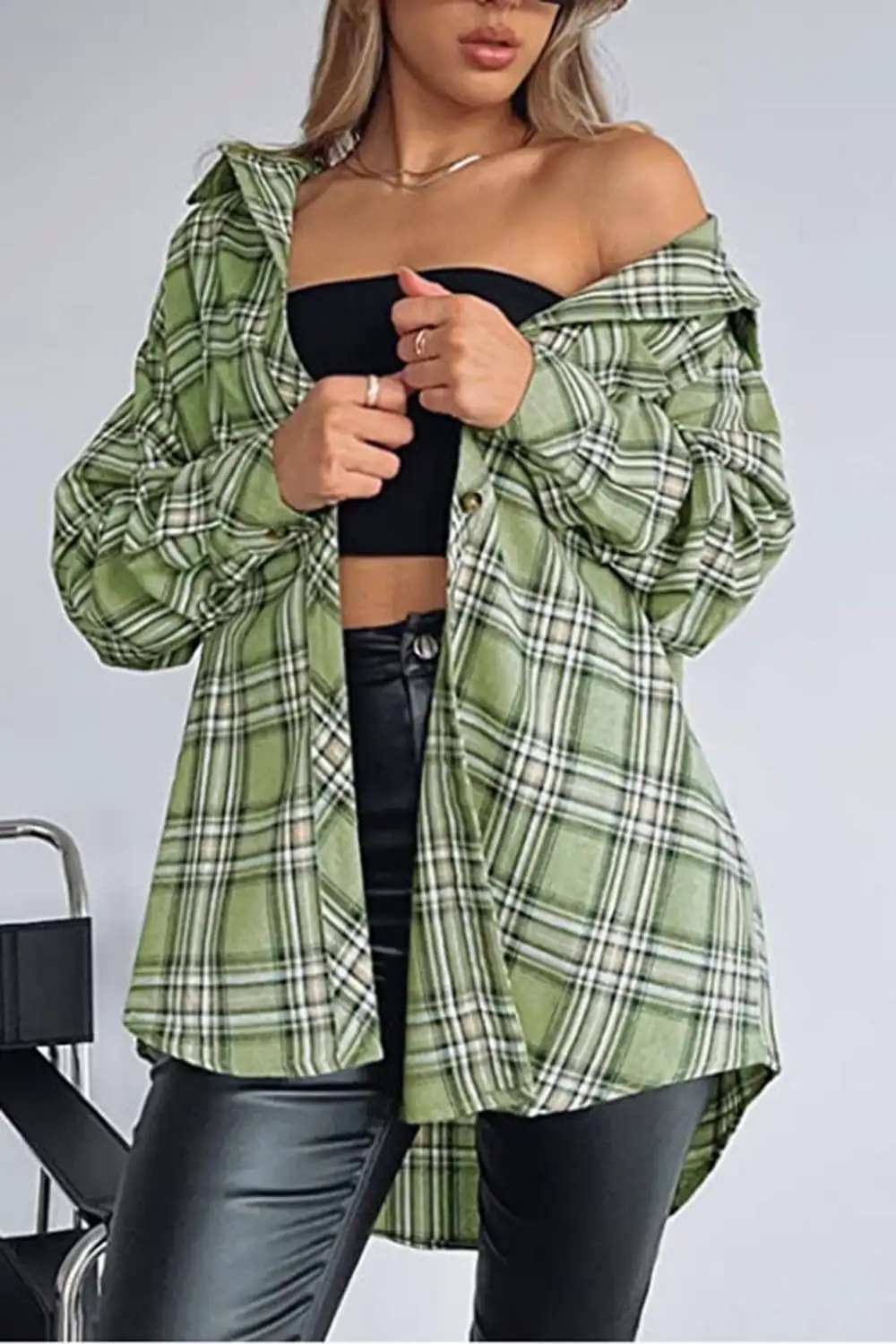Plaid Collared Neck Long Sleeve Shirt - Trendsi - Flyclothing LLC