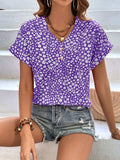 Printed V-Neck Short Sleeve Blouse - Trendsi - Flyclothing LLC