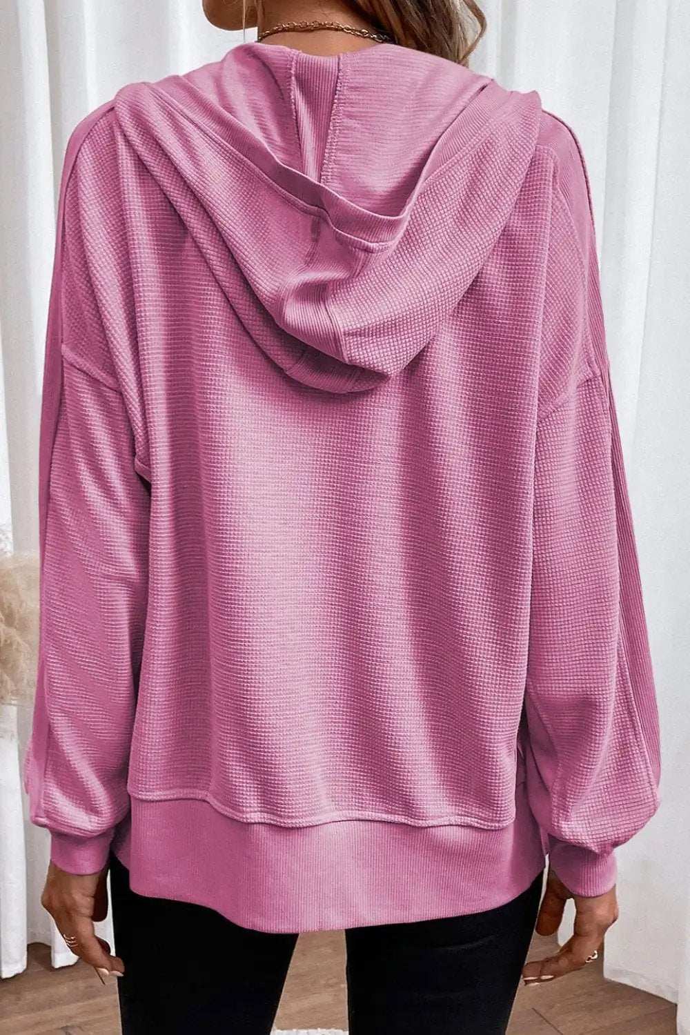 Waffle-Knit Pocketed Zip Up Hooded Jacket - Trendsi - Flyclothing LLC