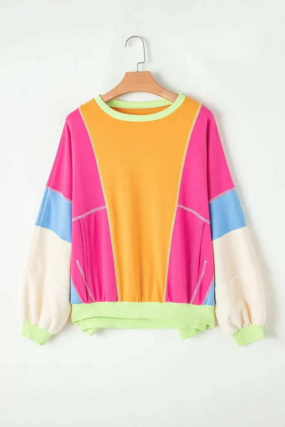 Color Block Round Neck Long Sleeve Top - Trendsi - Flyclothing LLC