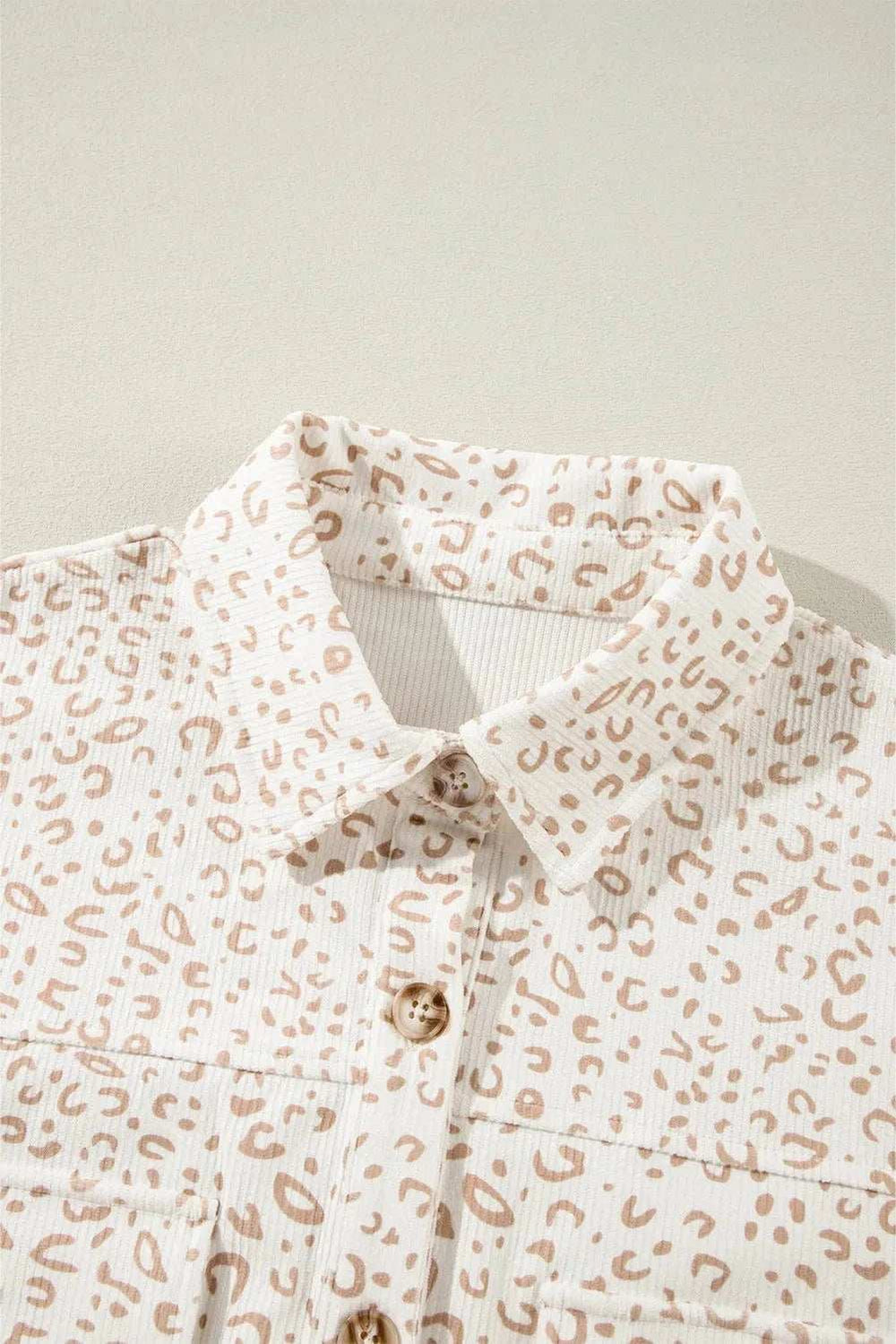 Leopard Collared Neck Dropped Shoulder Jacket - Trendsi - Flyclothing LLC