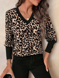 Decorative Button Leopard V-Neck Long Sleeve T-Shirt - Trendsi - Flyclothing LLC