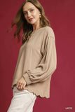 Umgee Linen Scallop Hem Long Sleeve Blouse - Trendsi - Flyclothing LLC
