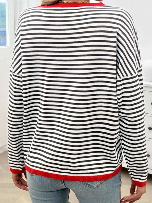 Striped Round Neck Dropped Shoulder Sweater - Trendsi - Flyclothing LLC