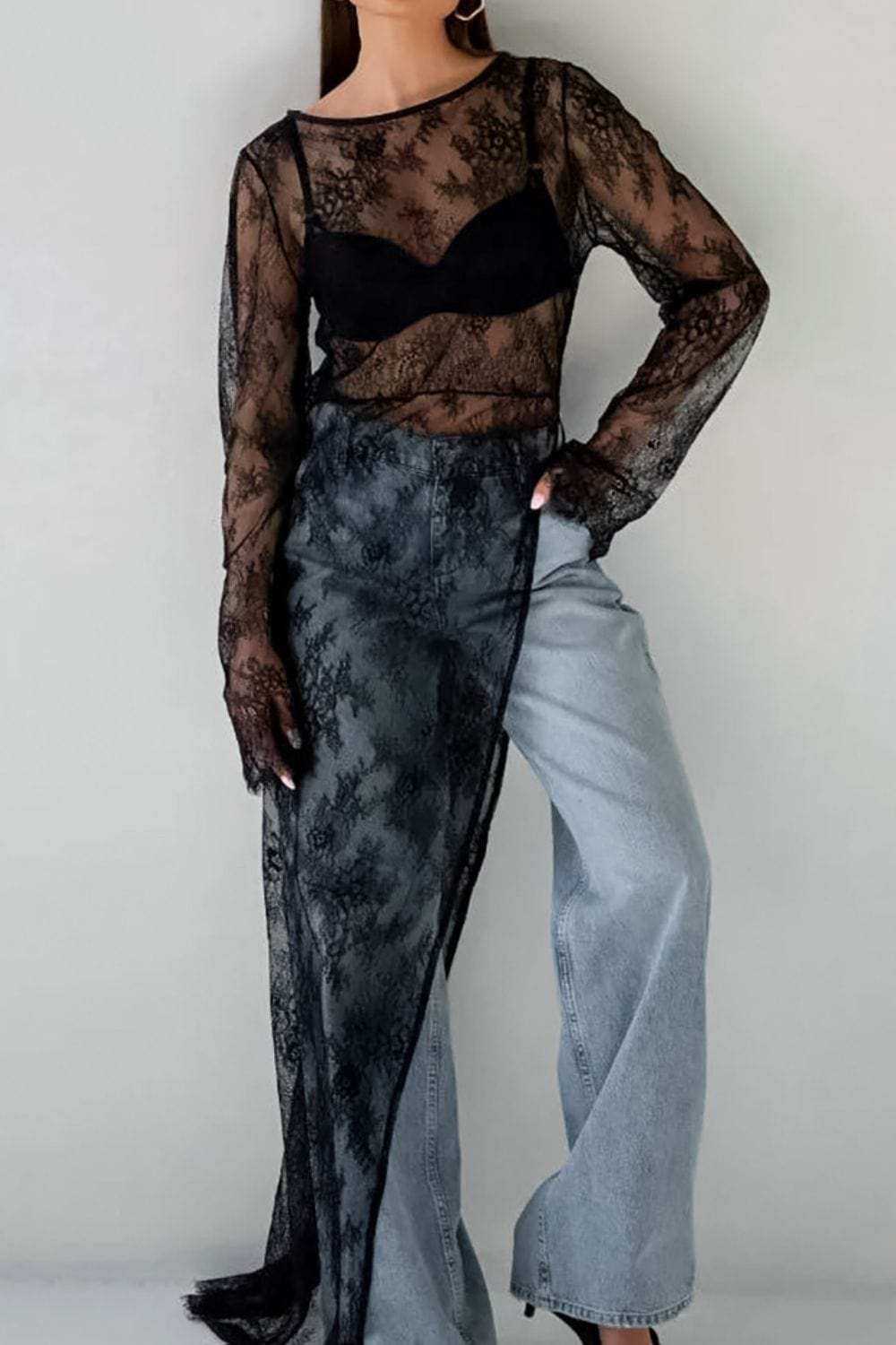 Fringe Round Neck Long Sleeve Lace Sheer Top - Trendsi - Flyclothing LLC