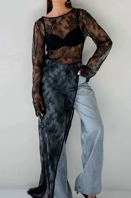 Fringe Round Neck Long Sleeve Lace Sheer Top - Trendsi - Flyclothing LLC