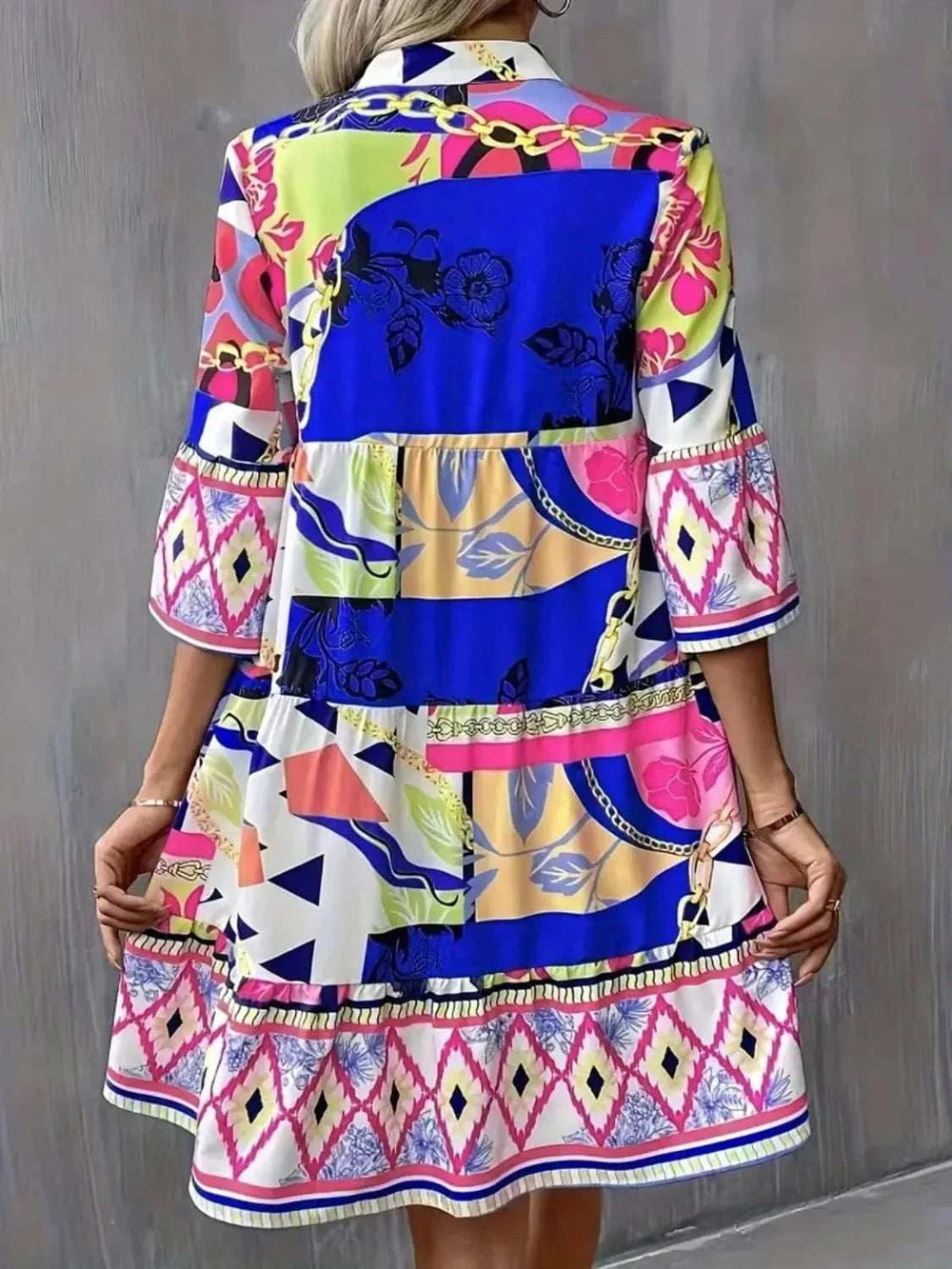 Printed Notched 3/4 Sleeve Tiered Dress - Trendsi - Flyclothing LLC