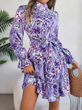 Printed Mock Neck Flounce Sleeve Mini Dress - Trendsi - Flyclothing LLC