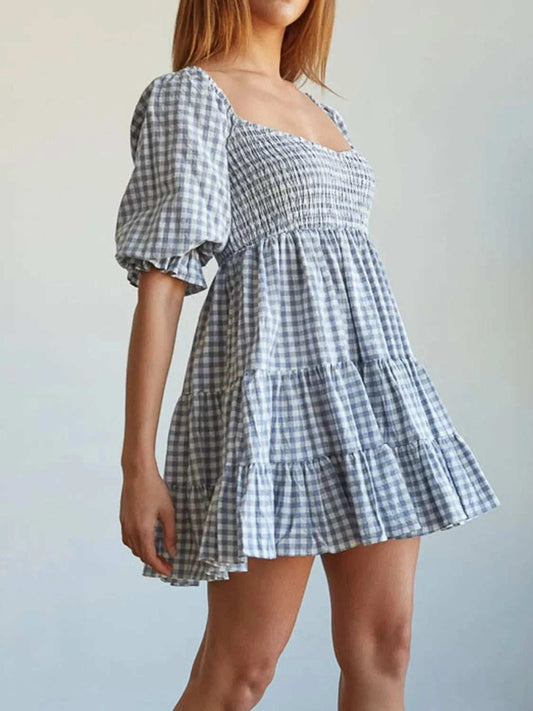 Ruffled Hem Plaid Half Sleeve Mini Dress - Trendsi - Flyclothing LLC