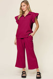 Double Take Texture Ruffle Short Sleeve Top and Drawstring Wide Leg Pants Set - Trendsi - Flyclothing LLC