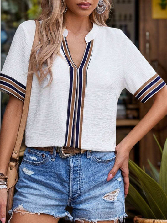 Contrast Stripes Notched Short Sleeve Blouse - Trendsi - Flyclothing LLC