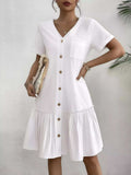 Full Size Button-Front Short Sleeve Tiered Dress Plus Size - Trendsi - Flyclothing LLC
