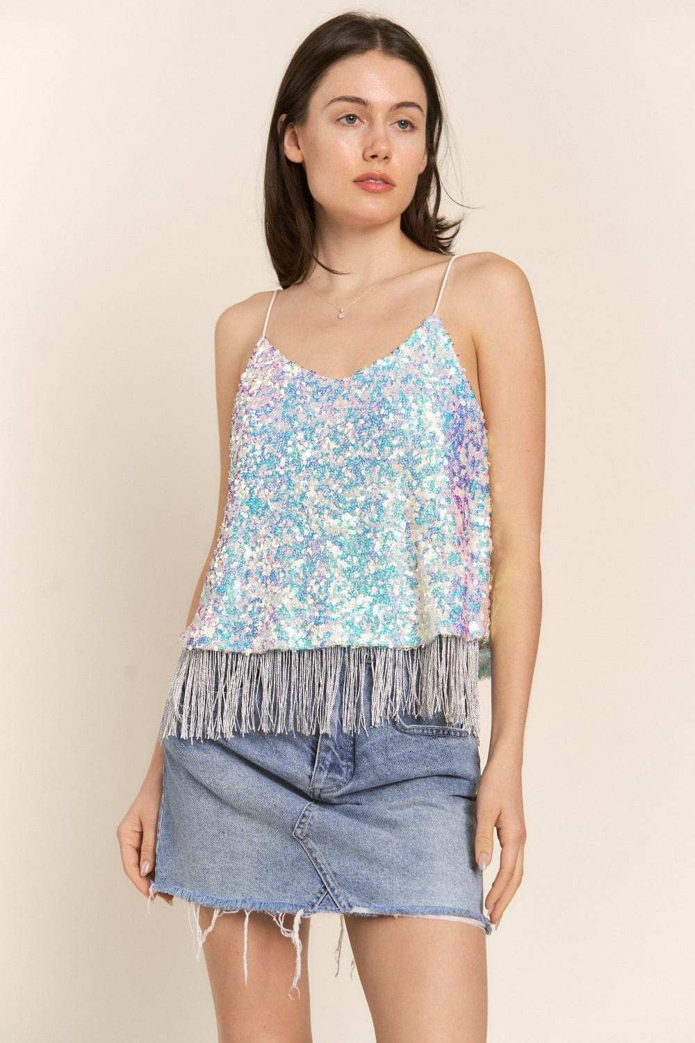 J.NNA Sequin Tassel Hem Flowy Cami - Trendsi - Flyclothing LLC