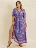 Plus Size Printed V-Neck Flutter Sleeve Dress - Trendsi - Flyclothing LLC