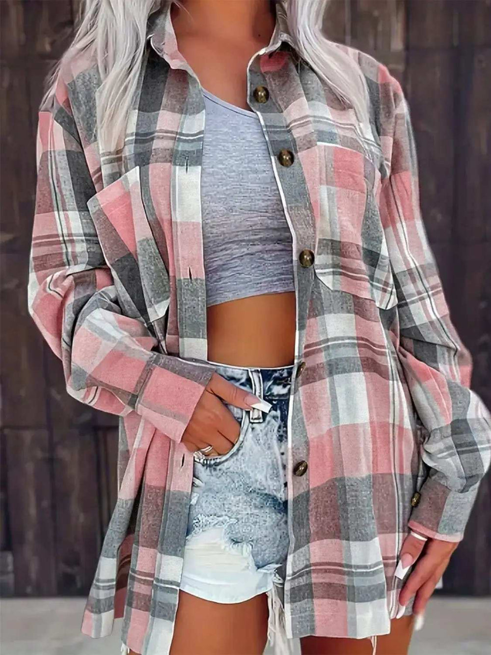 Pocketed Plaid Collared Neck Shacket - Trendsi - Flyclothing LLC