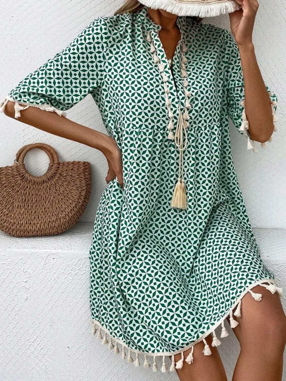 Tassel Printed Notched Half Sleeve Mini Dress - Trendsi - Flyclothing LLC