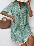 Tassel Printed Notched Half Sleeve Mini Dress - Trendsi - Flyclothing LLC