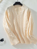 Cable-Knit Notched Long Sleeve Sweater - Trendsi - Flyclothing LLC