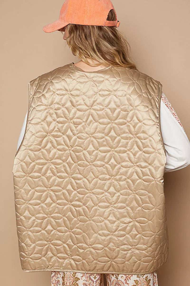 POL Front Zipper Floral Pattern Quilted Vest Coat with Front Pockets - Trendsi - Flyclothing LLC