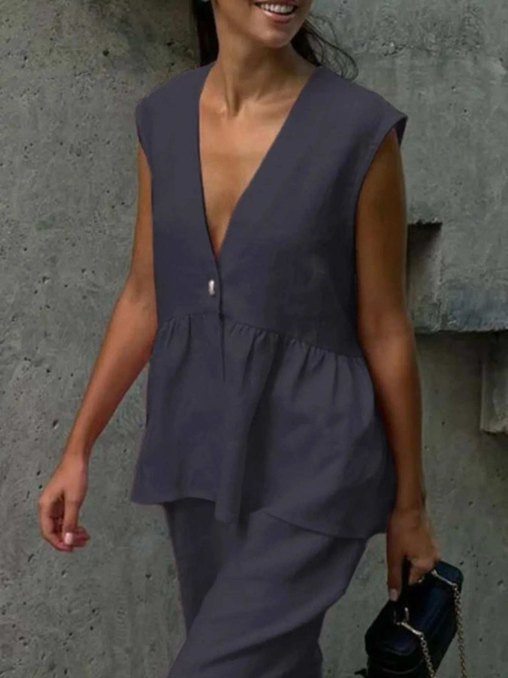 V-Neck Vest and Pants Set - Trendsi - Flyclothing LLC