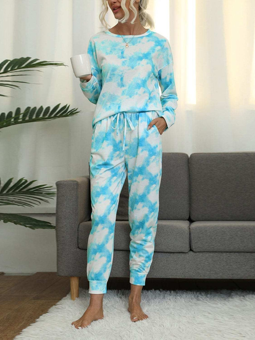 Tie-Dye Round Neck Top and Pants Lounge Set - Trendsi - Flyclothing LLC