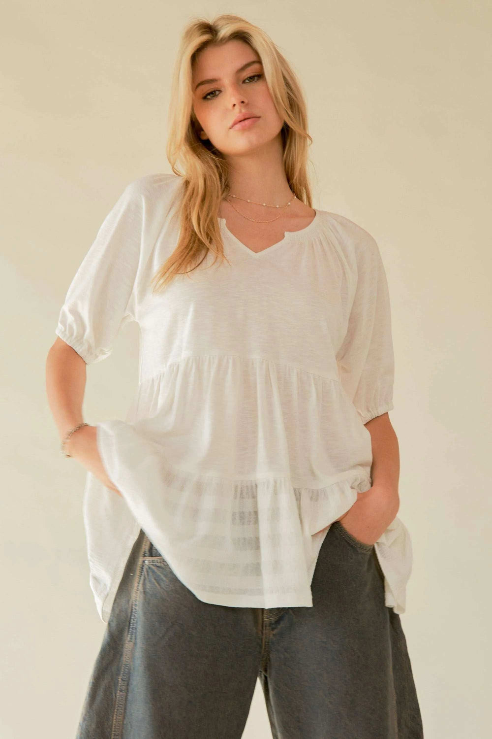 Davi & Dani Ruffled Flared Short Sleeve V Neck Blouse - Trendsi - Flyclothing LLC