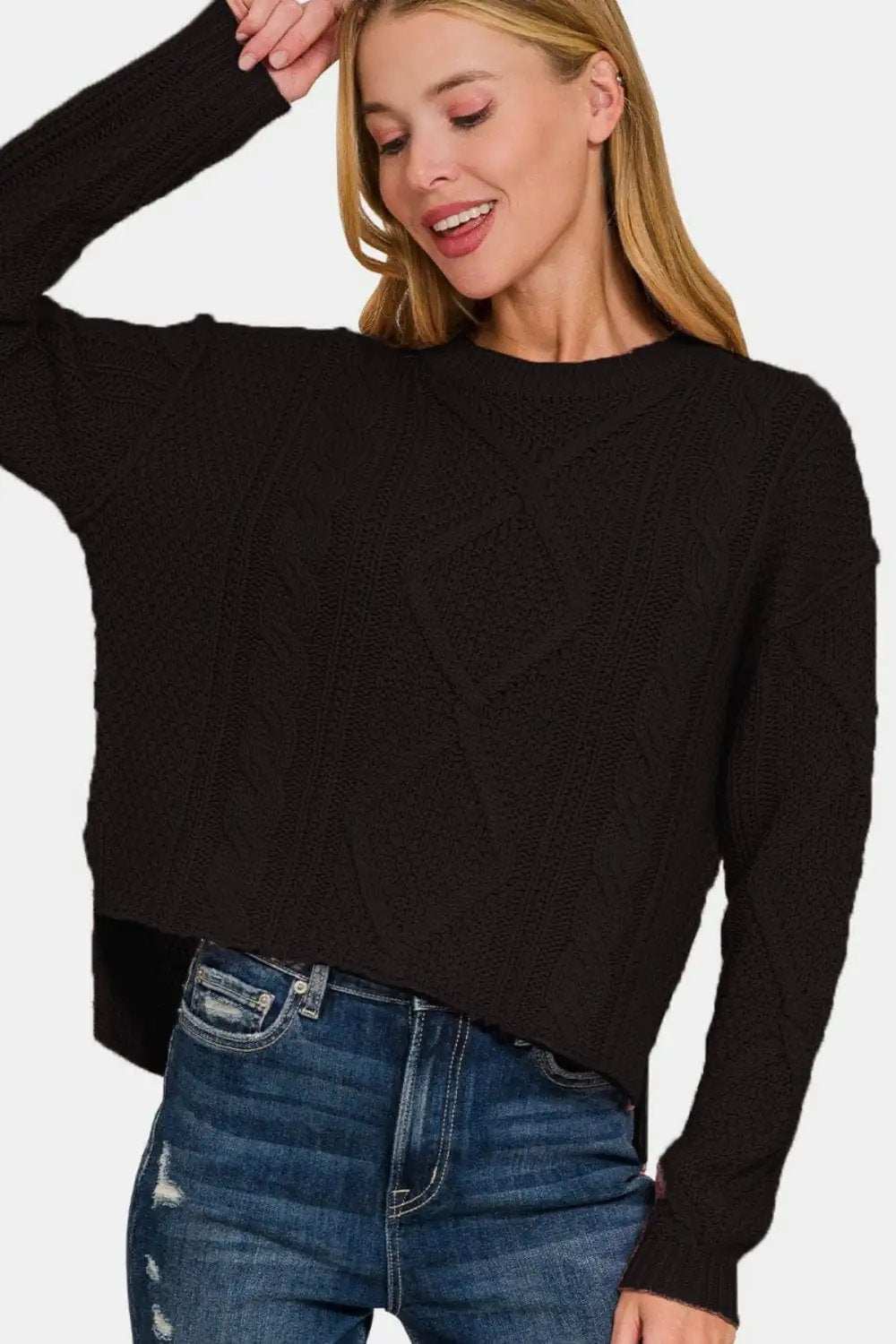 Zenana Cropped High Low Cable Sweater with Side Slits - Trendsi - Flyclothing LLC