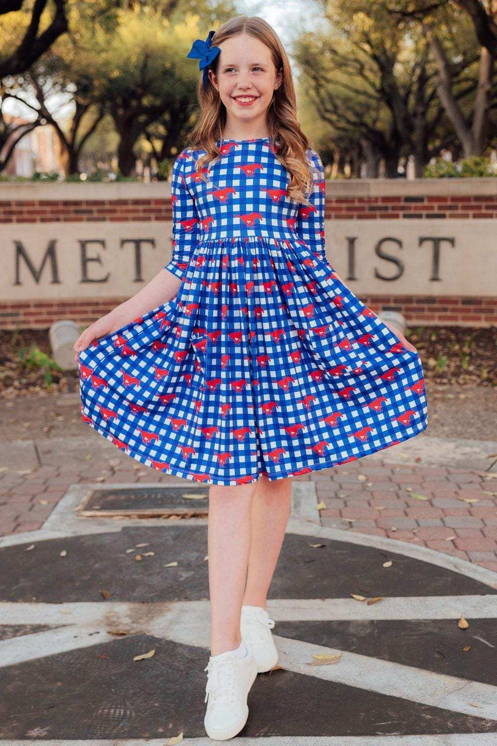 SMU Plaid Mustang 3/4 Sleeve Pocket Twirl Dress - Mila & Rose ® - Flyclothing LLC